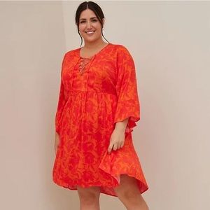 Torrid Lace-Up Babydoll Dress Flutter Sleeve Stretch Challis Floral Print Size 3